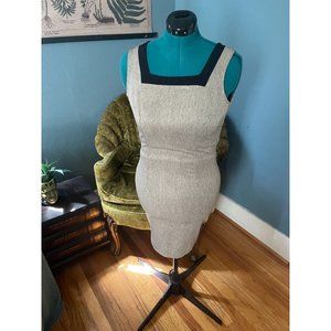 Vintage 90s Sleeveless Square Neck Pencil Above Knee Beige-Grey + Black Dress